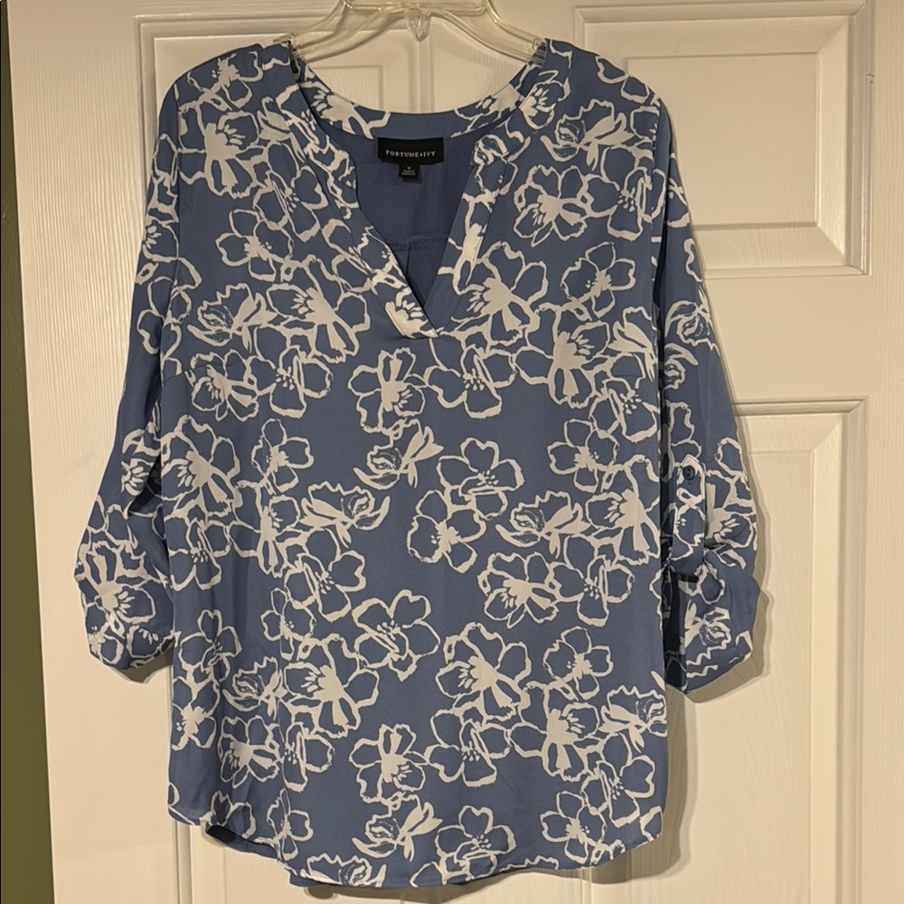 Blue Bell Sleeve Blouse with Mandarin Collar